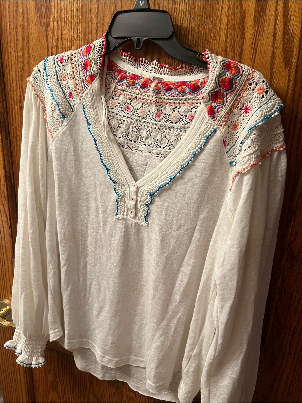 Free People White Long Sleeve Embroidered Crochet Yoke Top